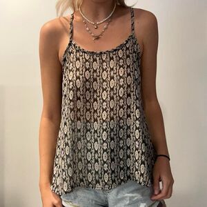 Nabee Black, Cream & White Designed Sheer Racerback Tank Top (Size: Small)